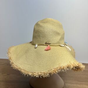 Juicy Couture Woven Floppy Sun Beach Straw Hat With Goldtone Chain & Charms